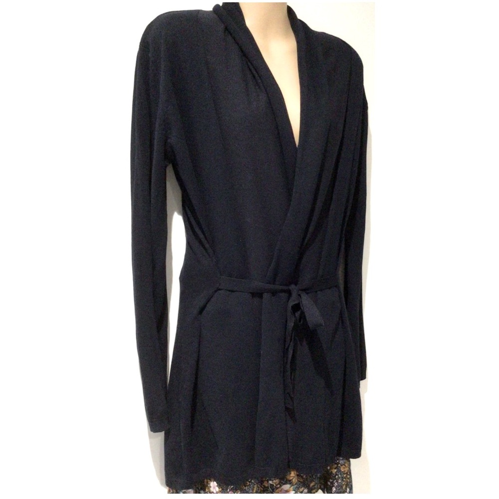 SASSY ZARA Sz M Black Open Front w front or back Tie Cardigan lg cowl collar EUC